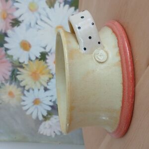 Studio Art Pottery Polka Dot Handle Trinket Bowl Signed 4.5x2.25" Yellow Orange